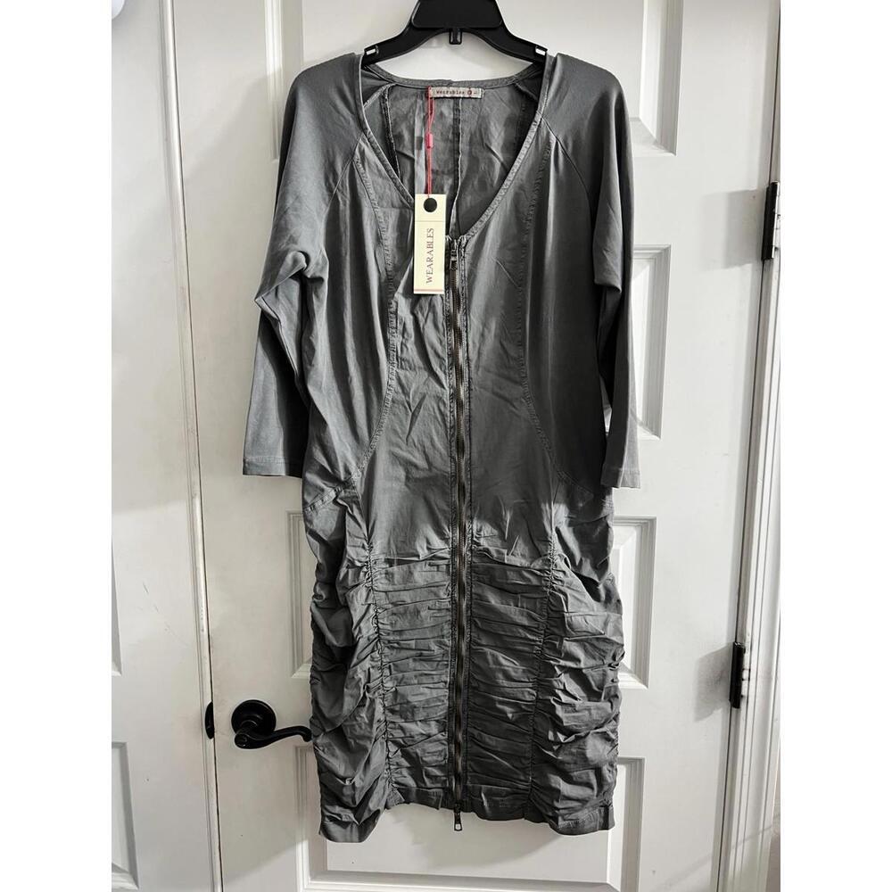 XCVI Wearables Gray Ruched Zip Front Dress NWT Stretchy Artsy Modern Sz L Grunge
